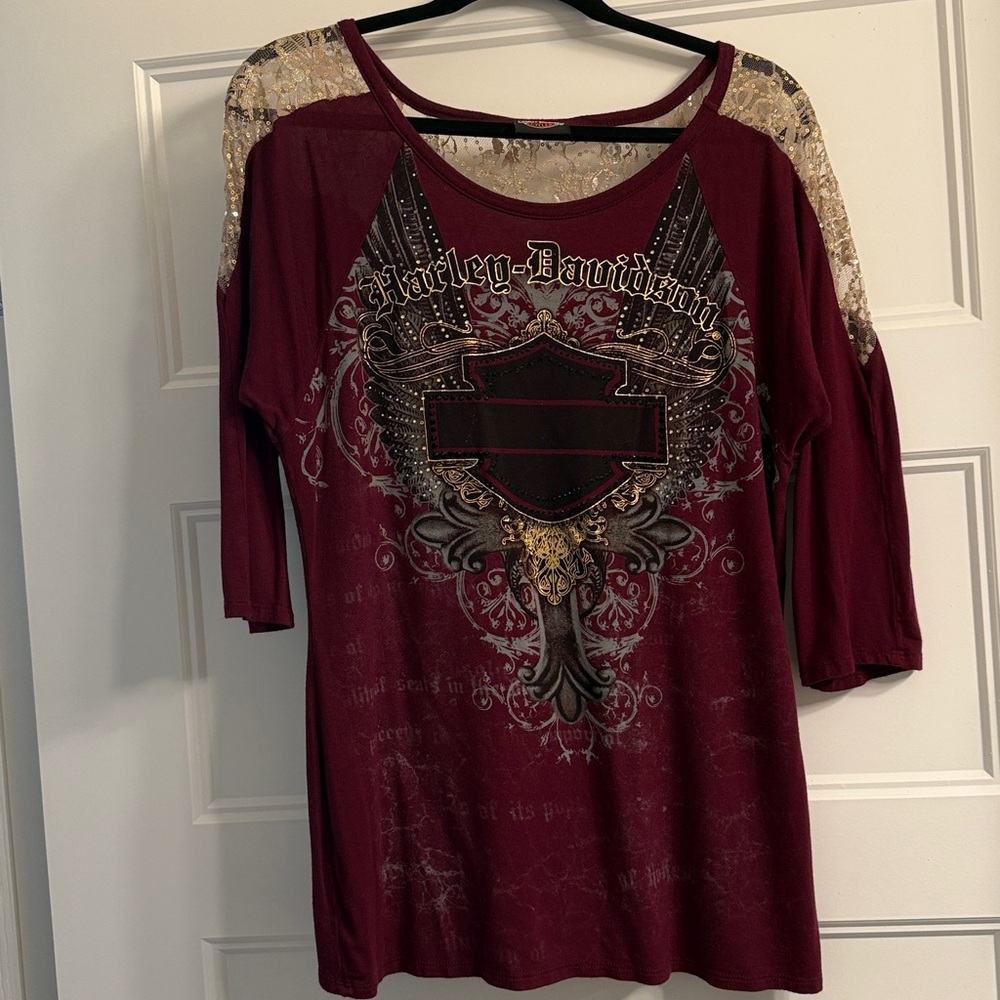 Harley-Davidson Maroon and Gold Graphic Top